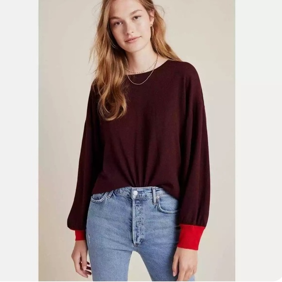 Anthropologie  Women’s Charli Theresa Balloon-Sleeved Sweater Burgundy Sz S Wool - Picture 1 of 12